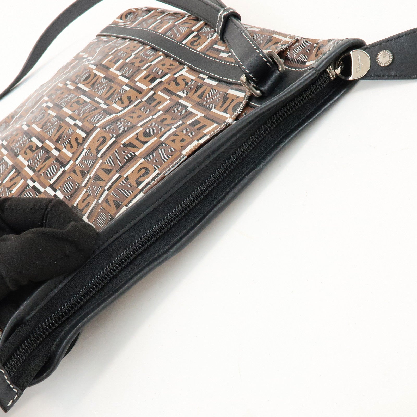 Ferragamo Logo PVC Leather Shoulder Crossbody Bag Brown Black