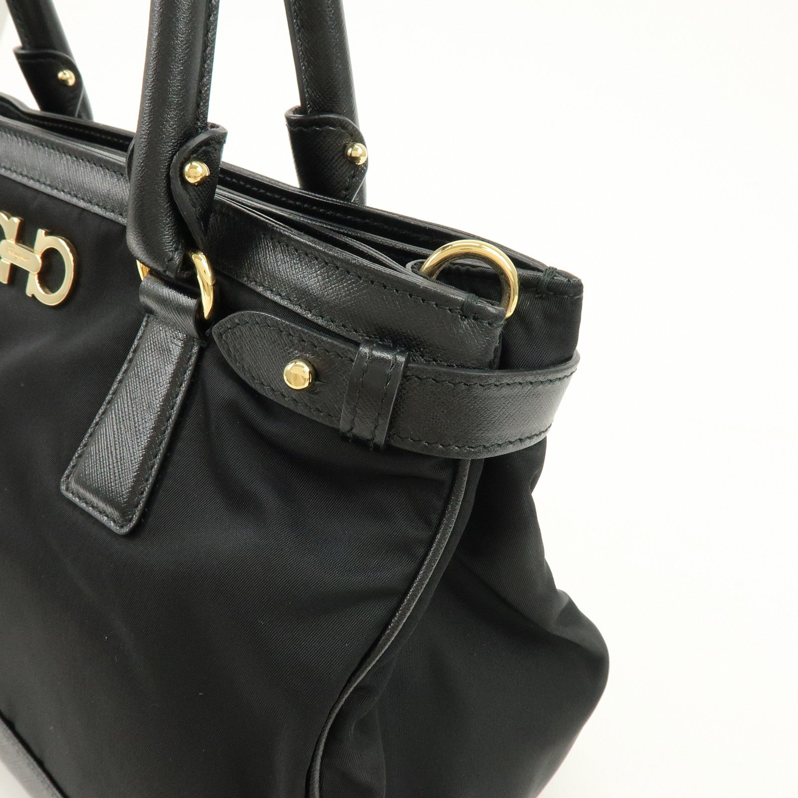 Ferragamo Gancini Nylon Leather 2Way Bag Hand Shoulder Bag Black