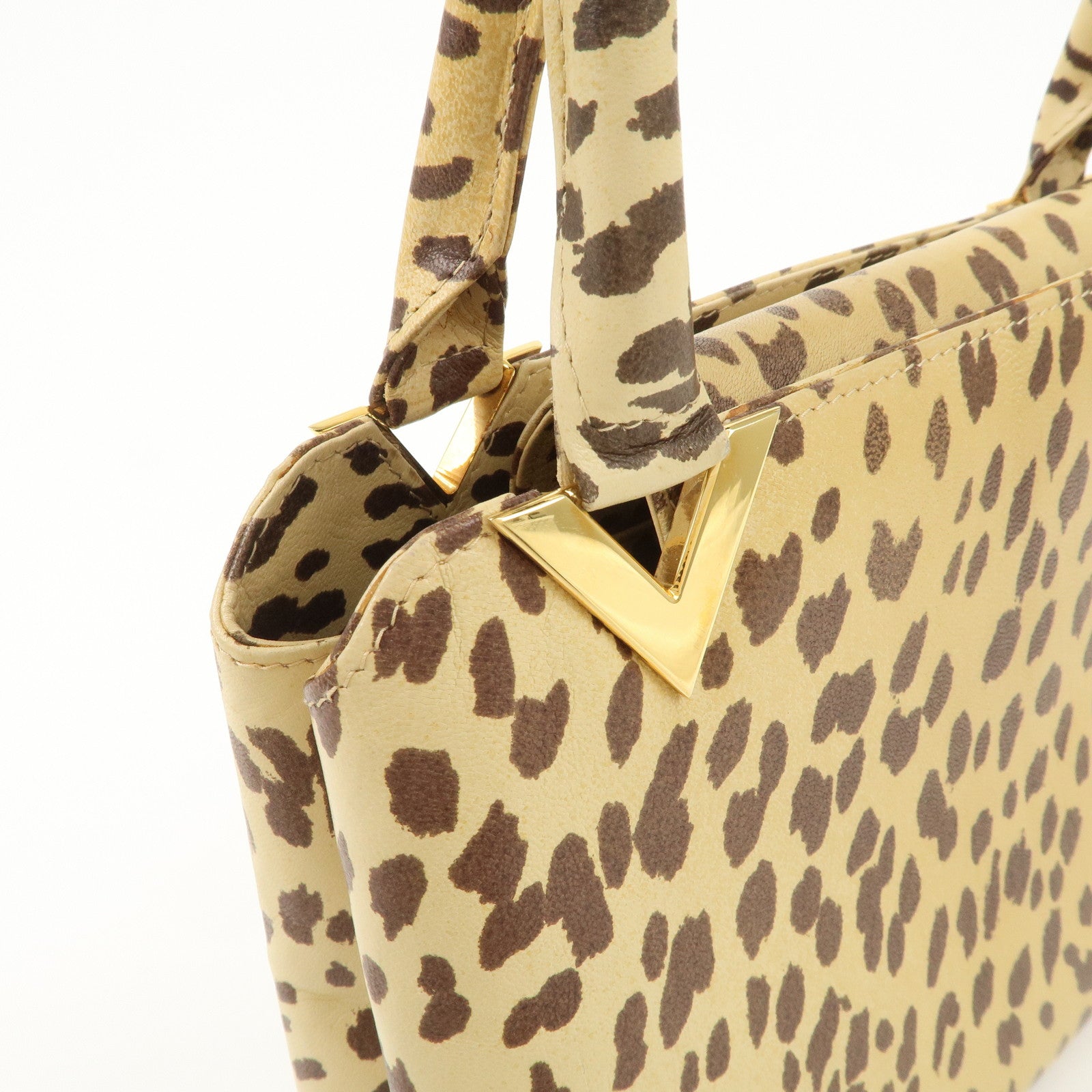 VALENTINO Leather Hand Bag Animal Leopard Beige Brown