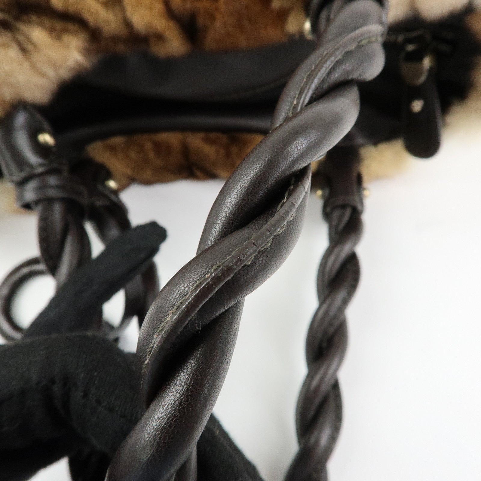 Ferragamo Gancini Rabbit Fur Leather Hand Bag Tote Bag Brown