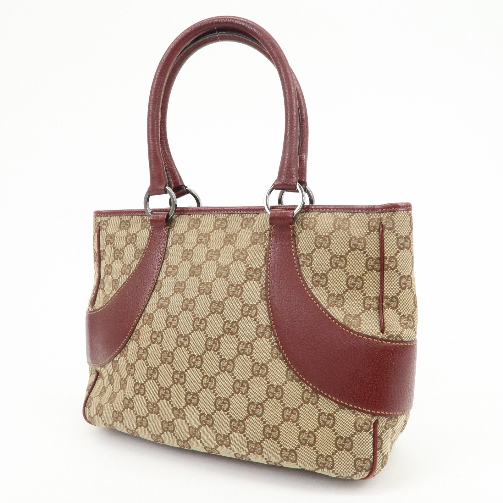 GUCCI GG Monogram Canvas Leather Tote Bag Beige Bordeaux 113011