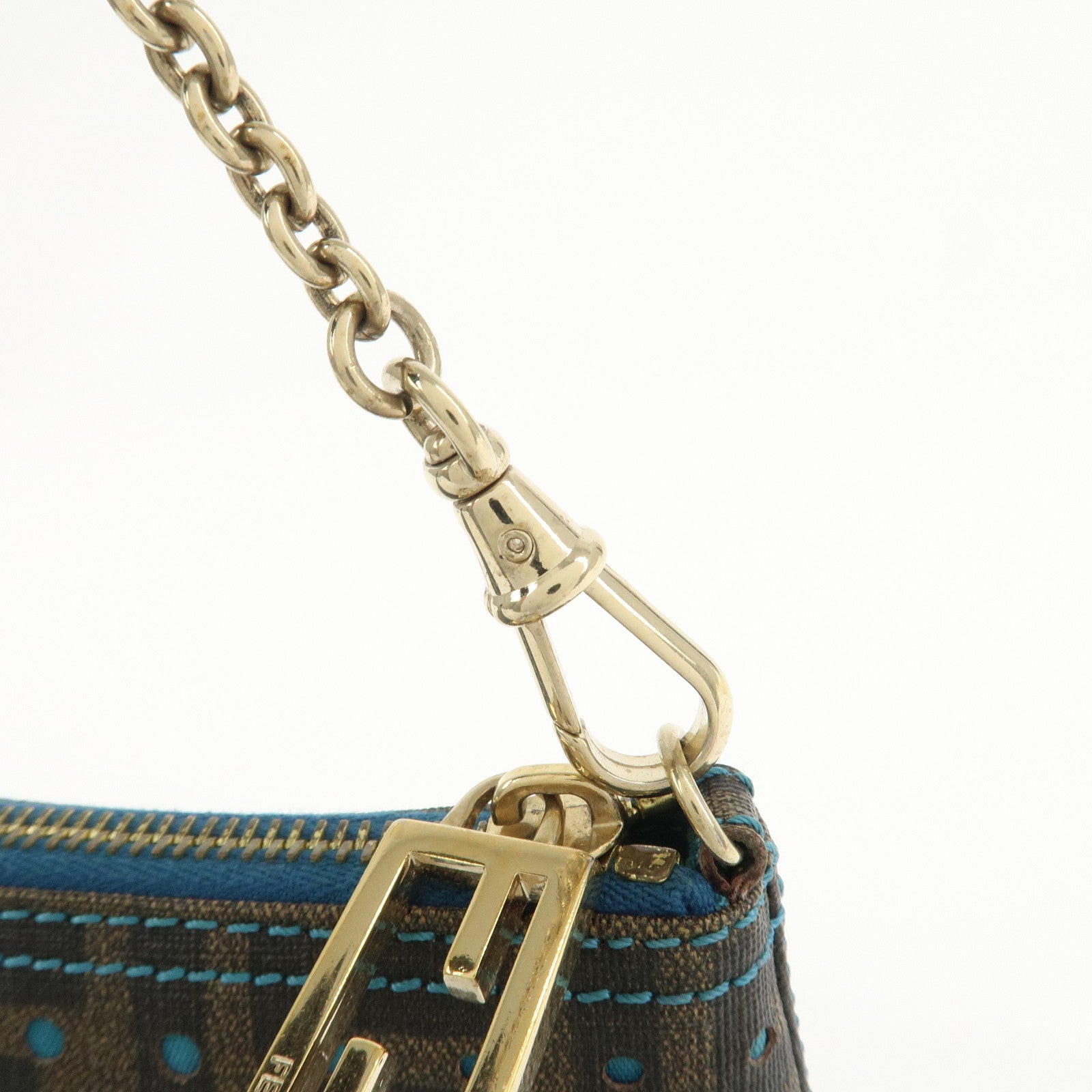 FENDI Zucca PVC Canvas Chain Accessory Pouch Brown Blue 8BR592