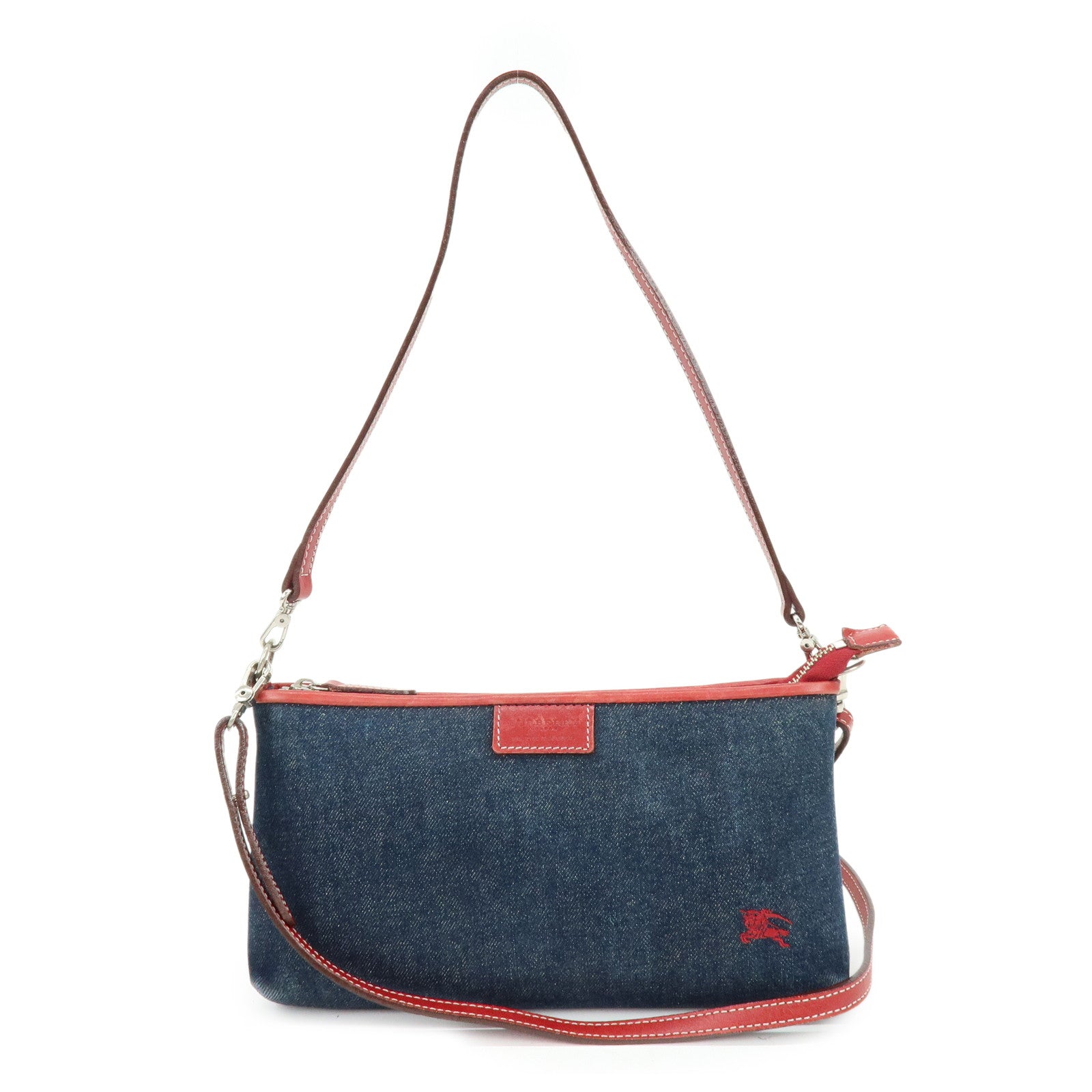 BURBERRY Blue Label Denim Leather 2Way Shoulder Hand Bag Blue Red