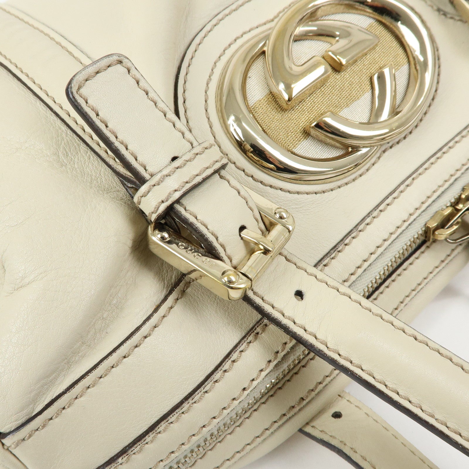 GUCCI Interlocking G Sherry Leather Boston Hand Bag Ivory 170009