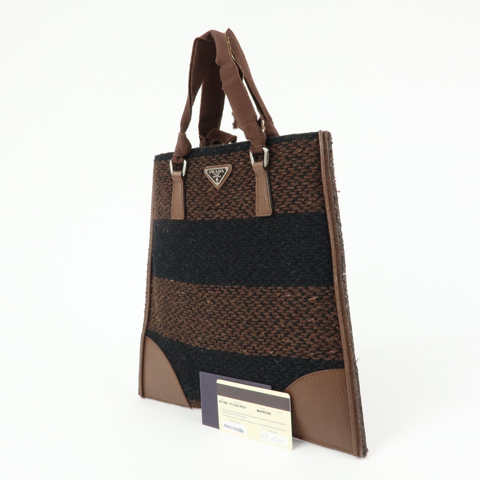 PRADA Triangle Logo Tweed Canvas Hand Bag Brown Black B11268