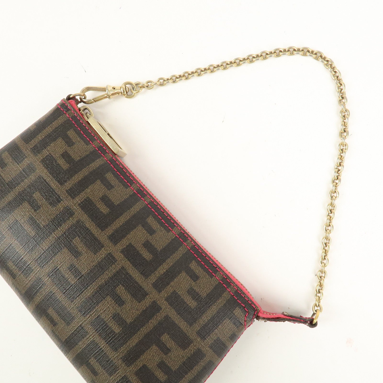 FENDI Zucca PVC Chain Accessory Pouch Hand Bag Brown 8BR592