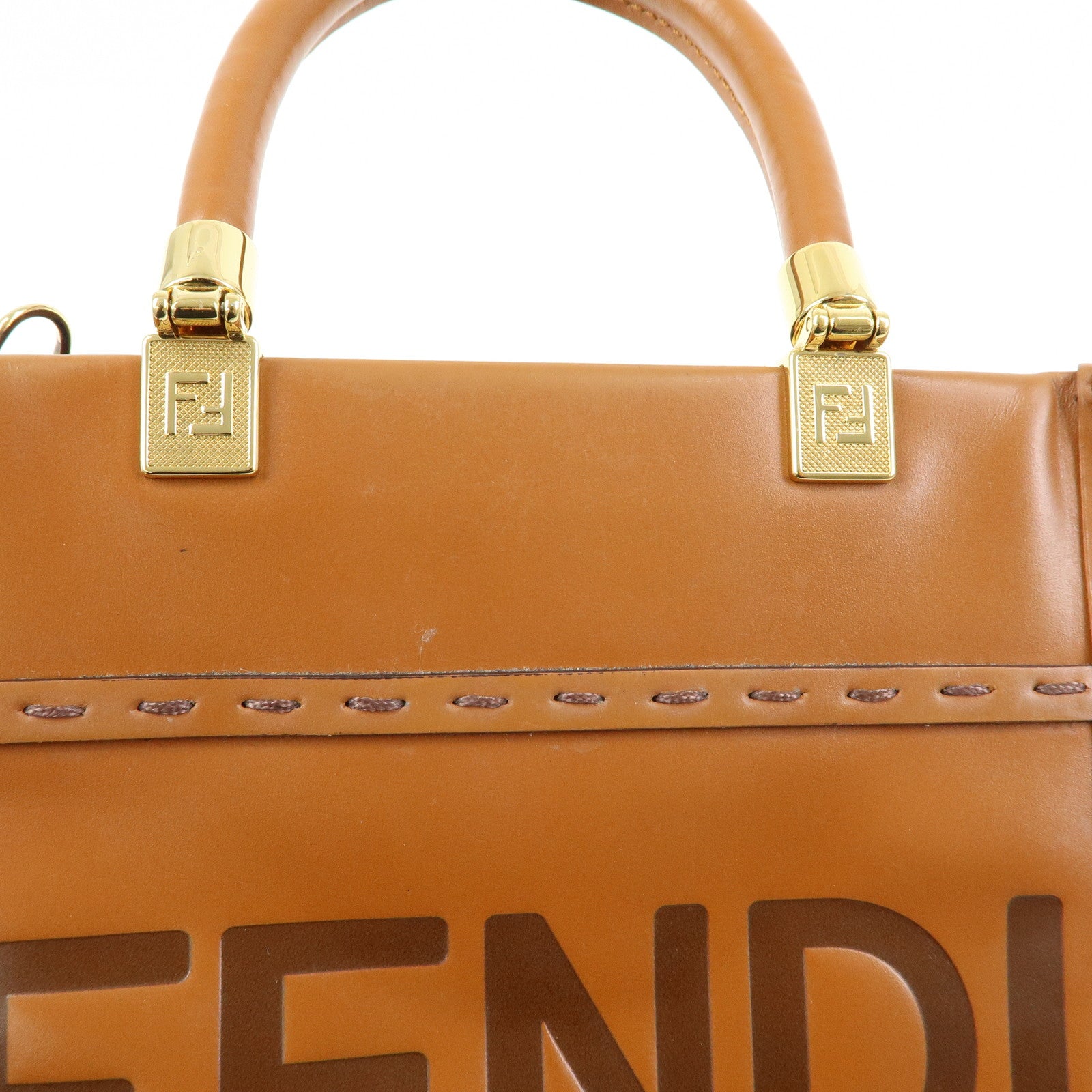 FENDI Leather Sunshine Shopper Small 2Way Hand Bag Brown 8BS092