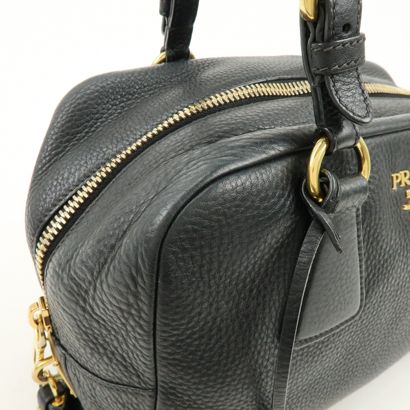 PRADA Logo Leather Boston Bag Shoulder Bag Black B3091M