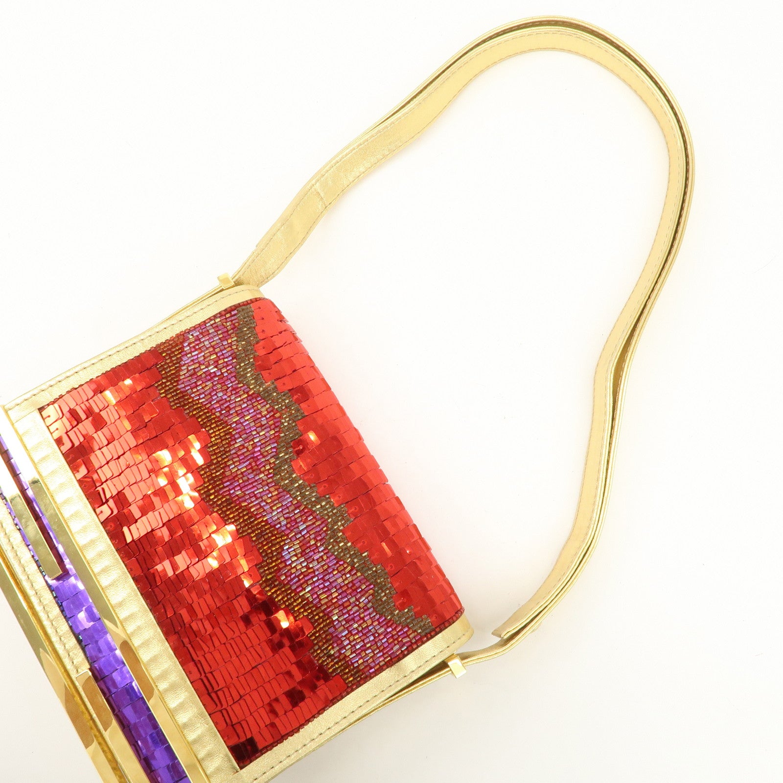 FENDI Leather Sequin Shoulder Bag Crossbody Bag Gold Red Purple