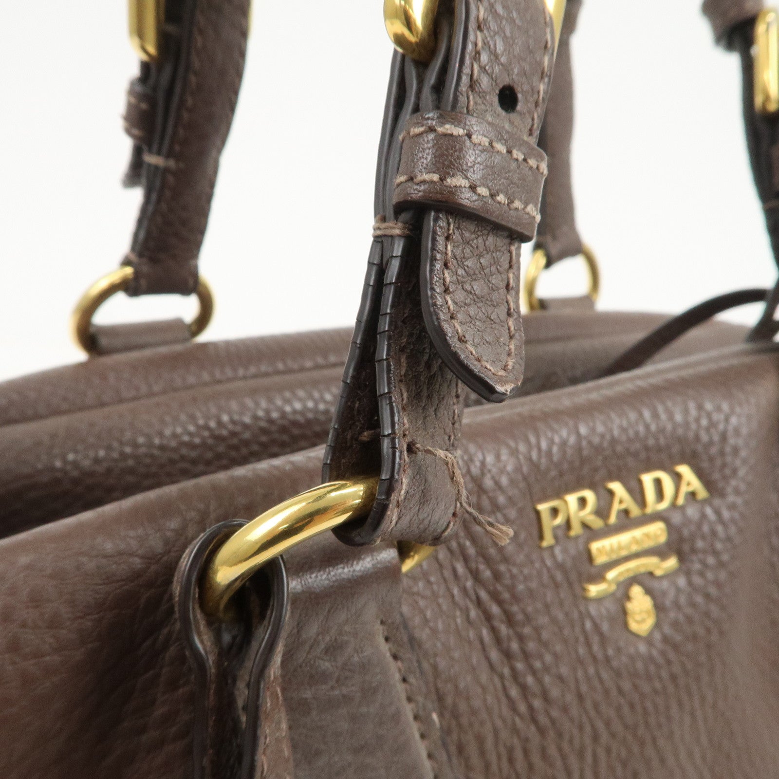 PRADA Logo Leather Shoulder Bag Boston Bag Hand Bag Brown B3091M