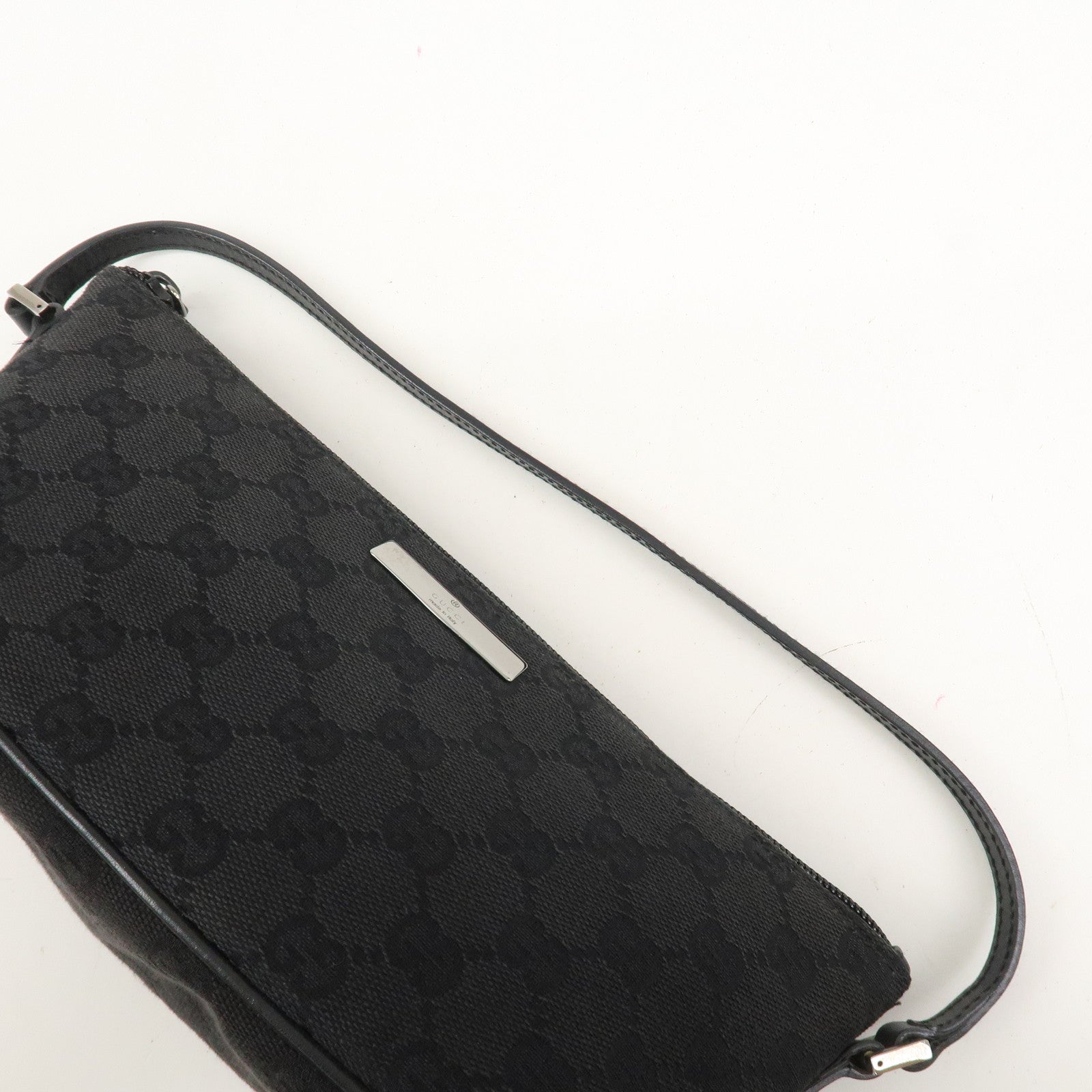 GUCCI Boat Bag GG Canvas Leather Hand Bag Pouch Black 07198