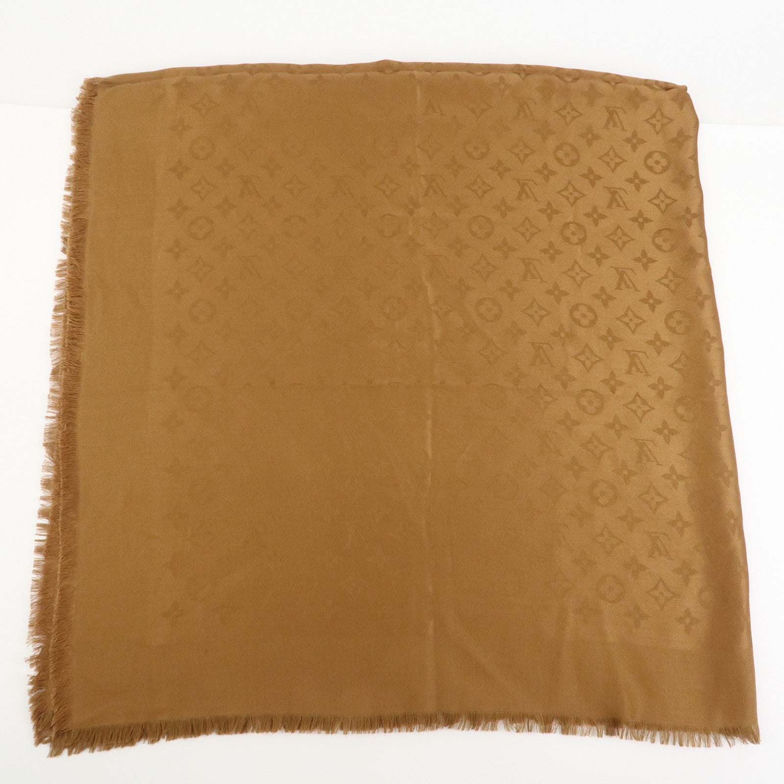 Louis Vuitton Monogram Silk Wool Shawl Scarf Light Brown M71155