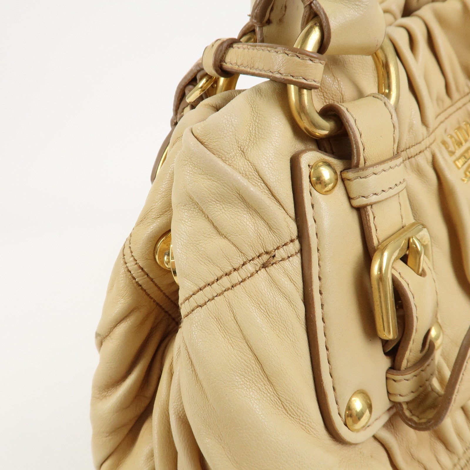PRADA Nappa Gaufre Leather Gathered 2Way Bag Hand Bag Beige BN1336