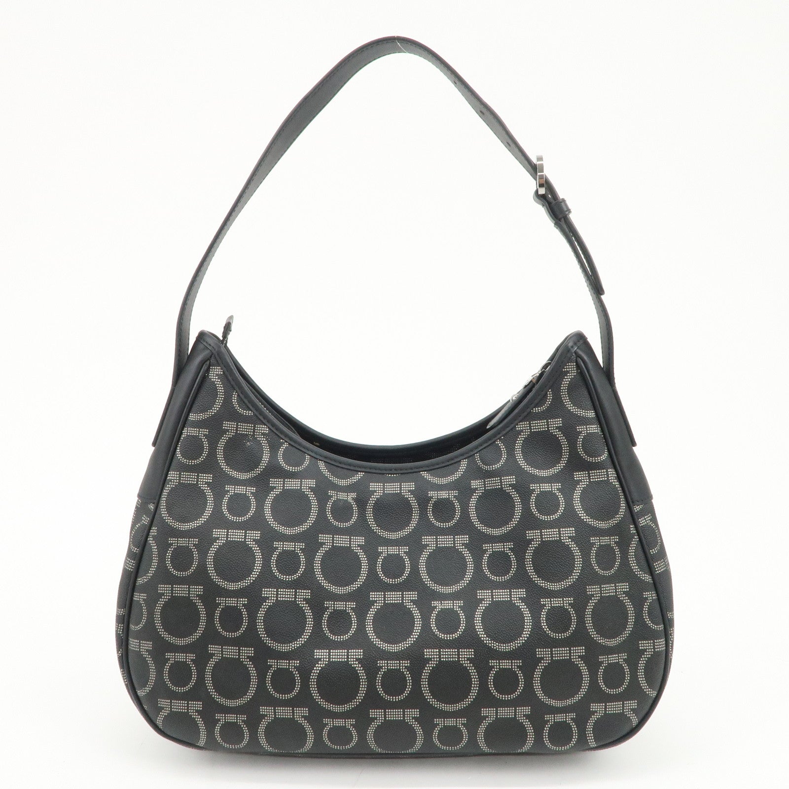 Ferragamo Gancini Logo PVC Leather Shoulder Bag Hand Bag Black