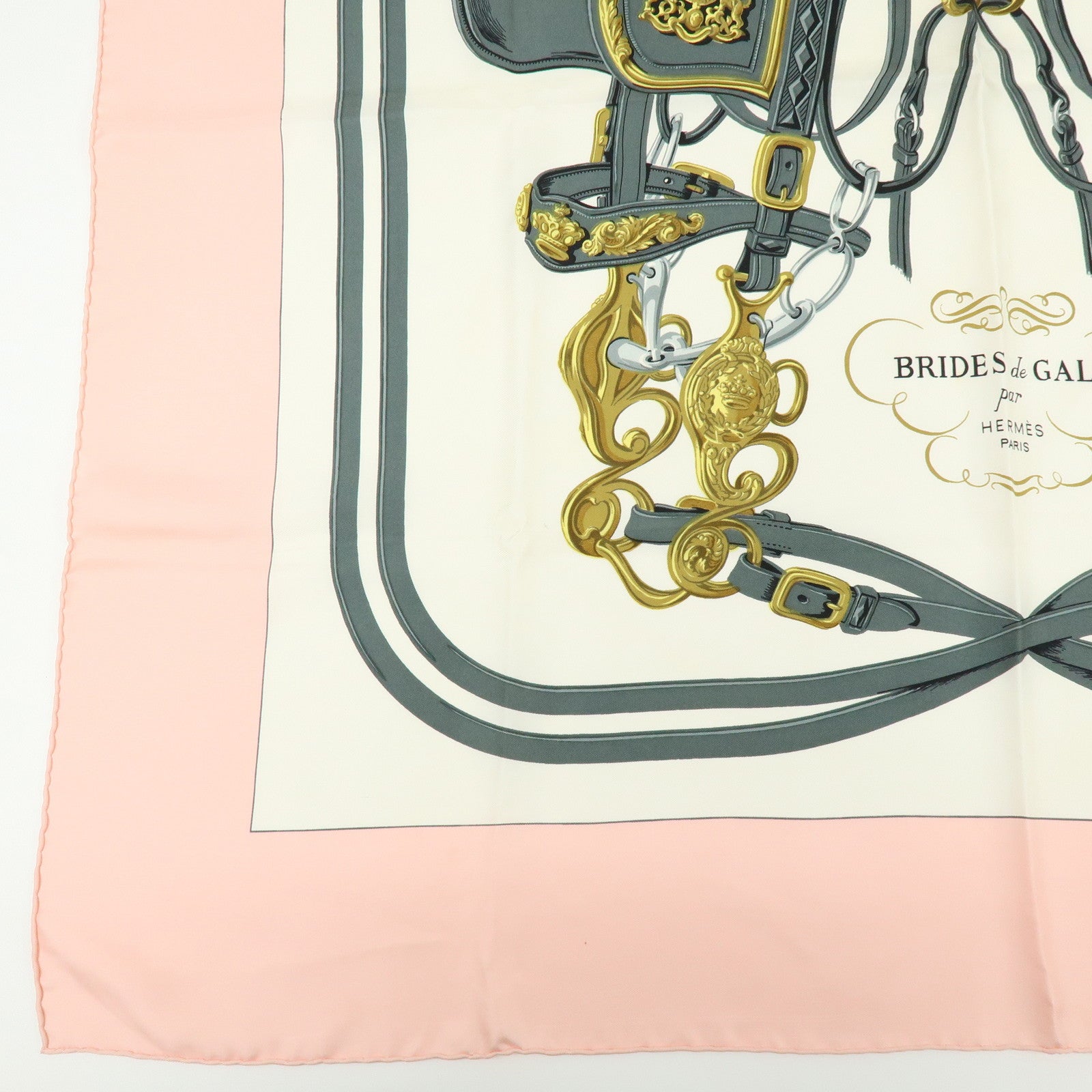 HERMES Carre 90 Silk 100% BRIDES DE GALA Scarf Light Pink White