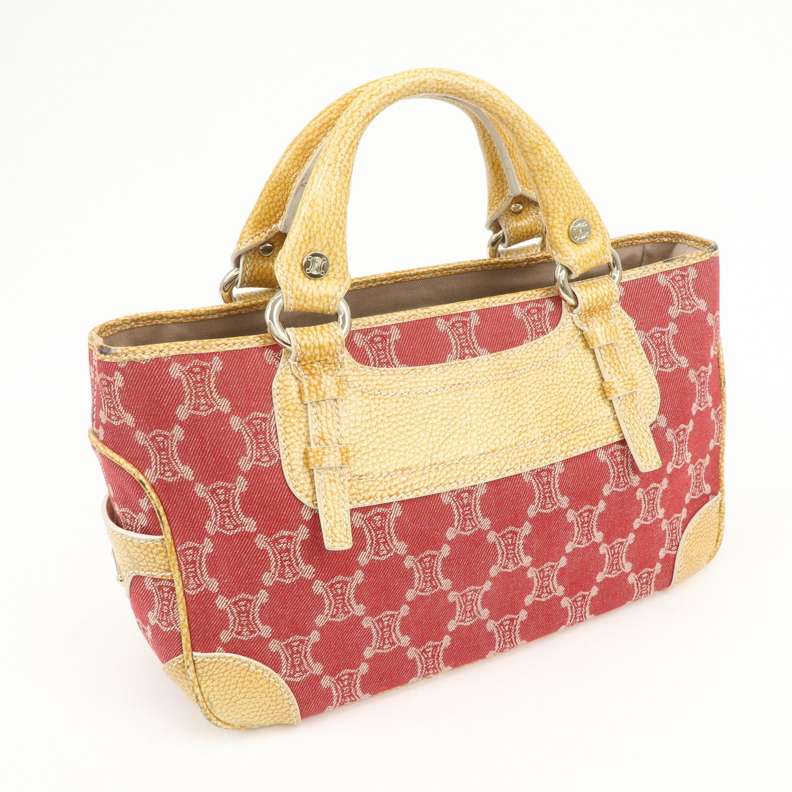 CELINE Macadam Boogie Canvas Leather Hand Bag Red Beige
