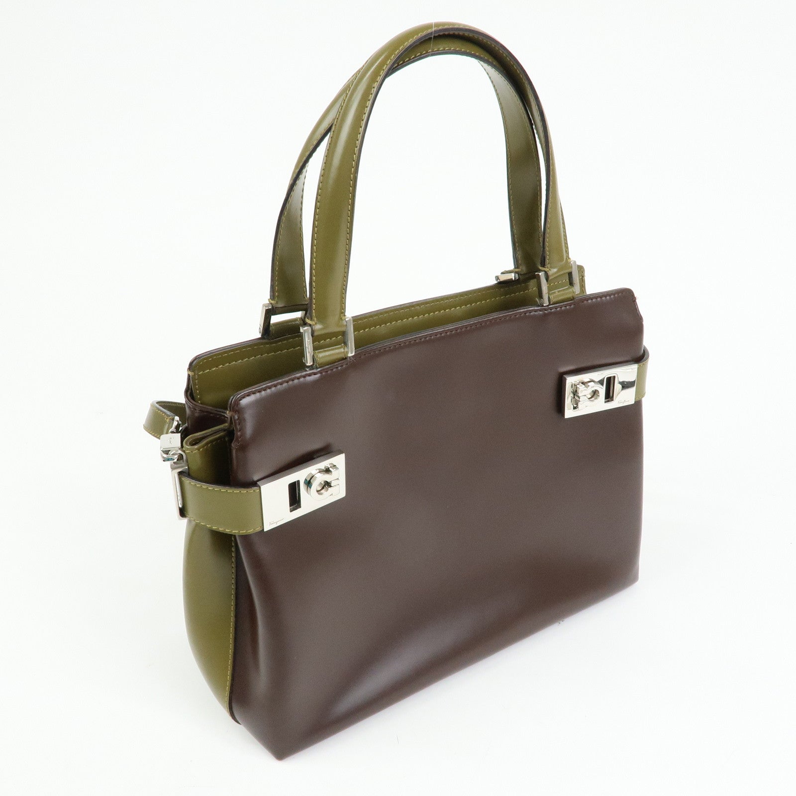 Ferragamo Gancini Leather 2Way Hand Bag Shoulder Bag Brown Khaki