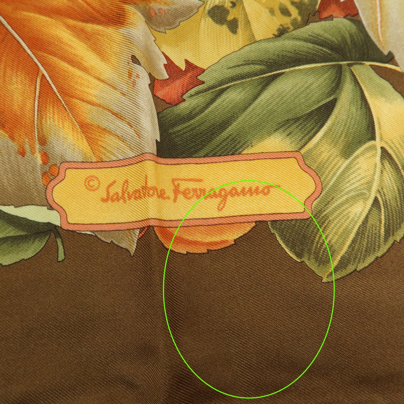 Ferragamo Silk 100% Scarf Autumn Bird And Leaf 85x85 Brown Orange