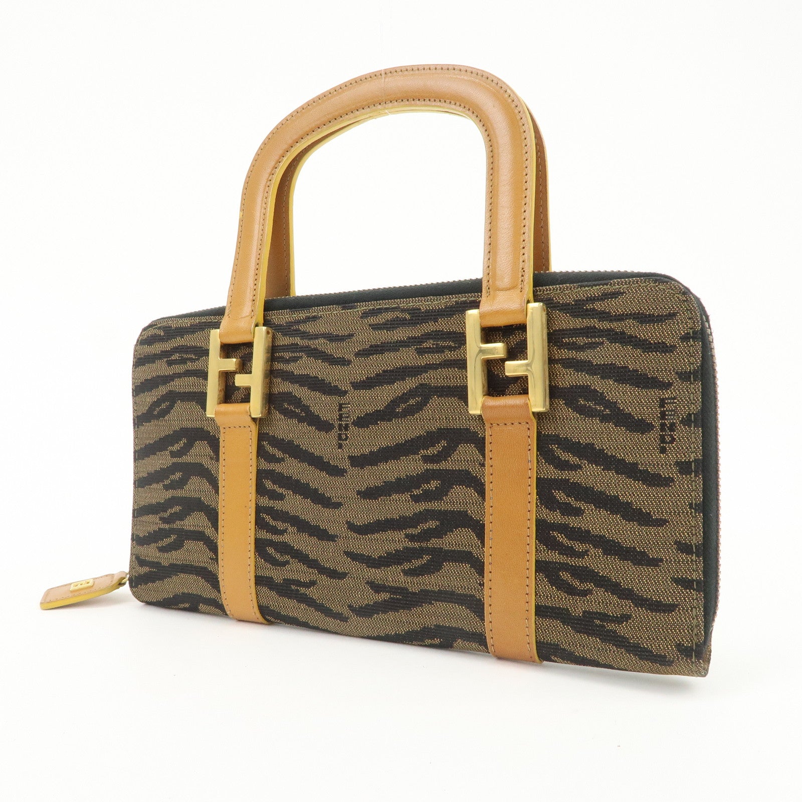 FENDI Logo Canvas Leather Hand Bag Animal Print Yellow Black 26347