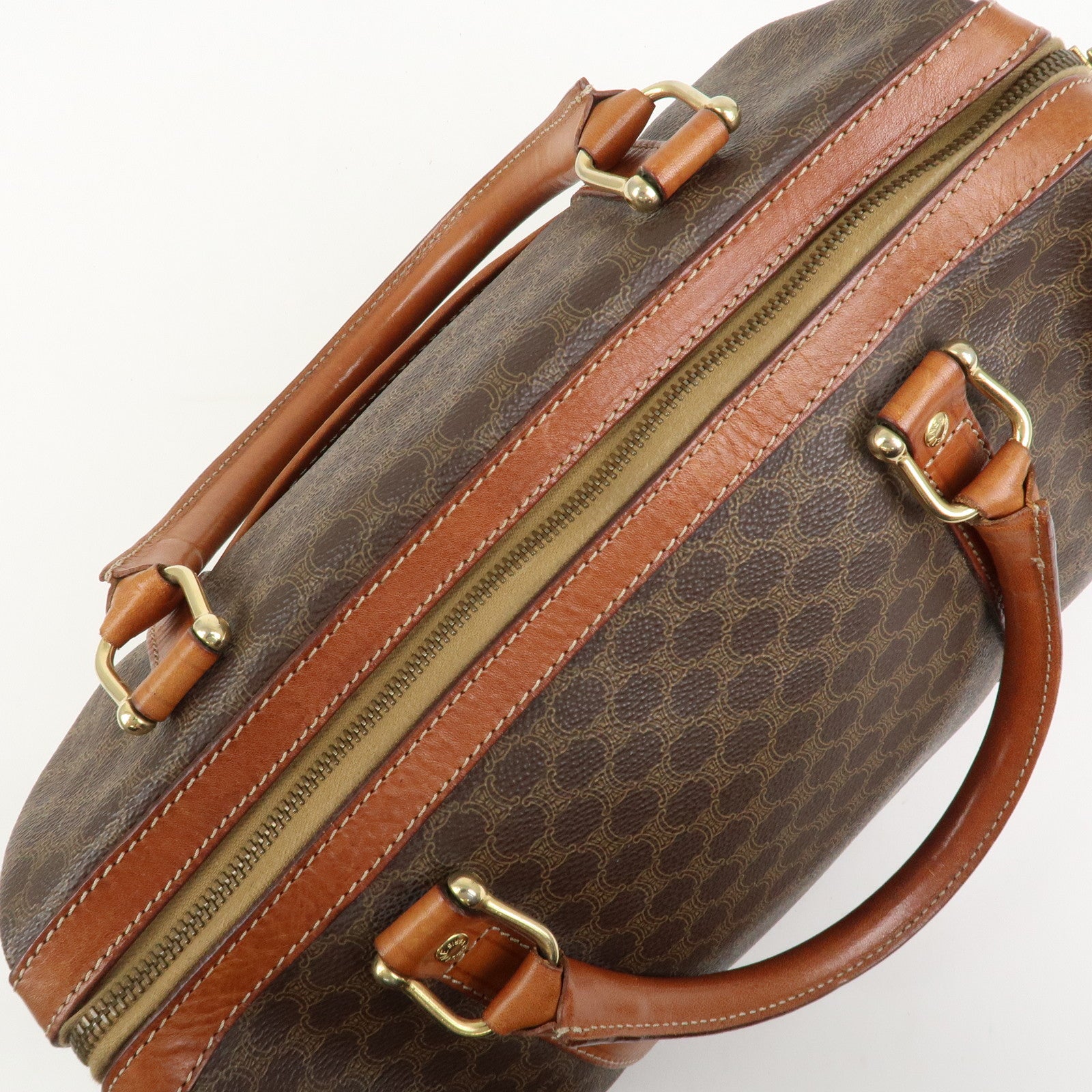 CELINE Macadam PVC Coating Canvas Leather Boston Bag Brown