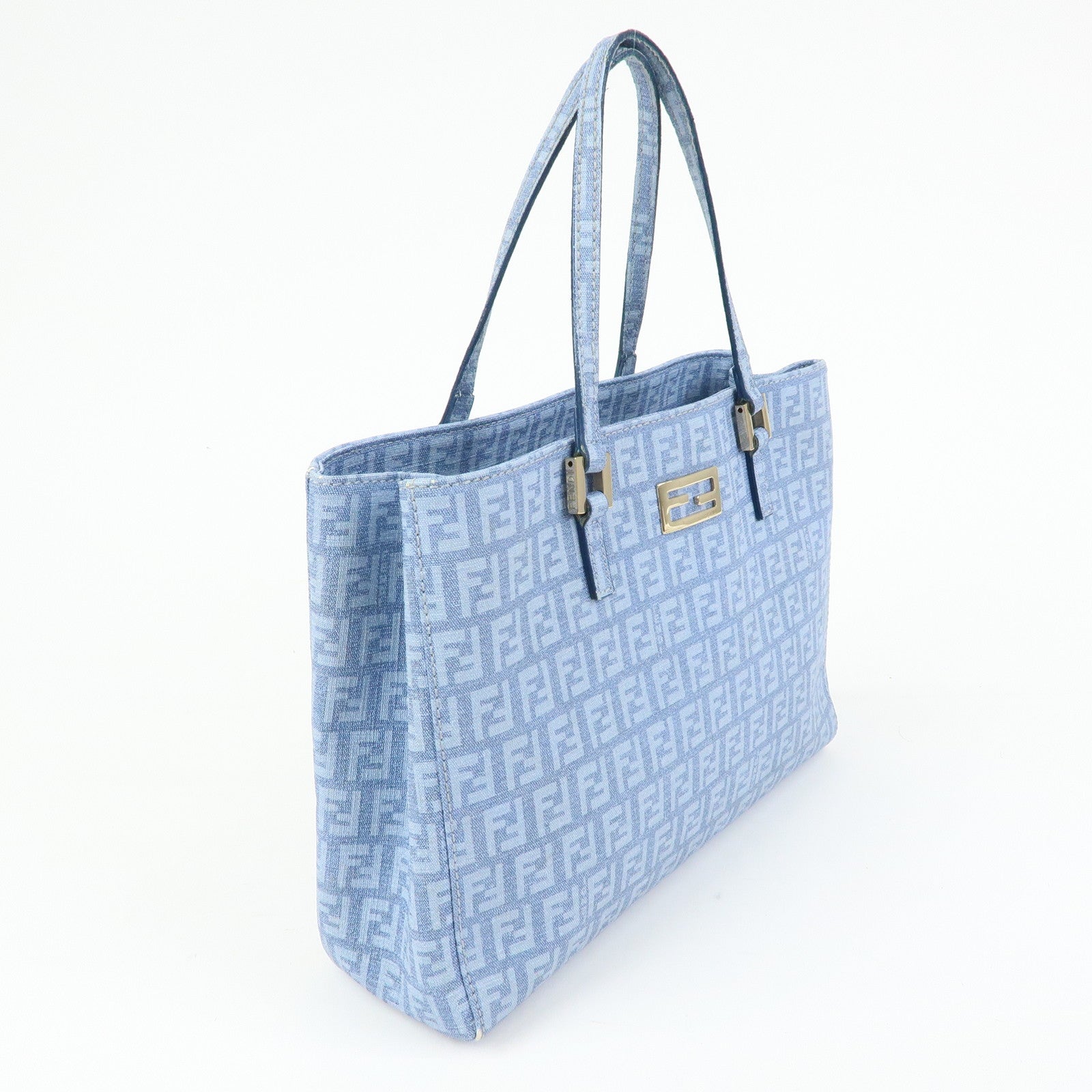 FENDI Logo Zucchino PVC Hand Bag Tote Bag Light Blue 8BH132