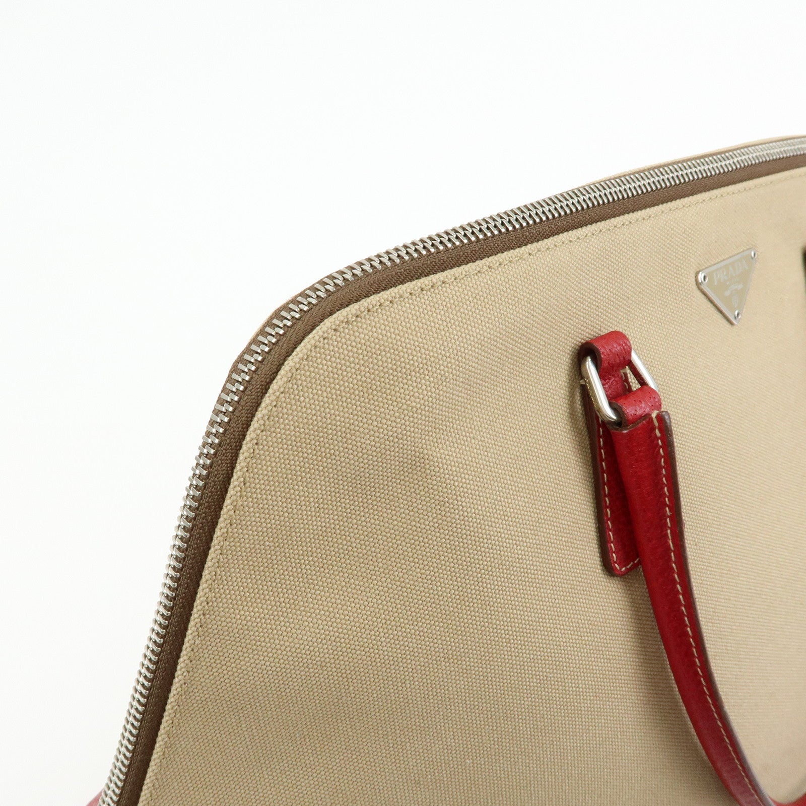 PRADA Triangle Logo Canvas Leather Hand Bag Beige Red