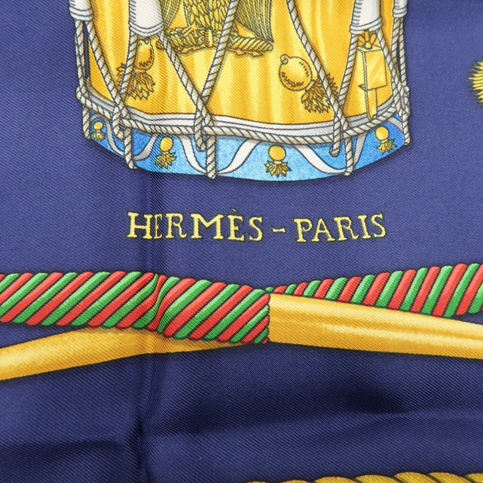 HERMES Carre 90 Silk 100% LES TAMBOURS Scarf Navy Gold