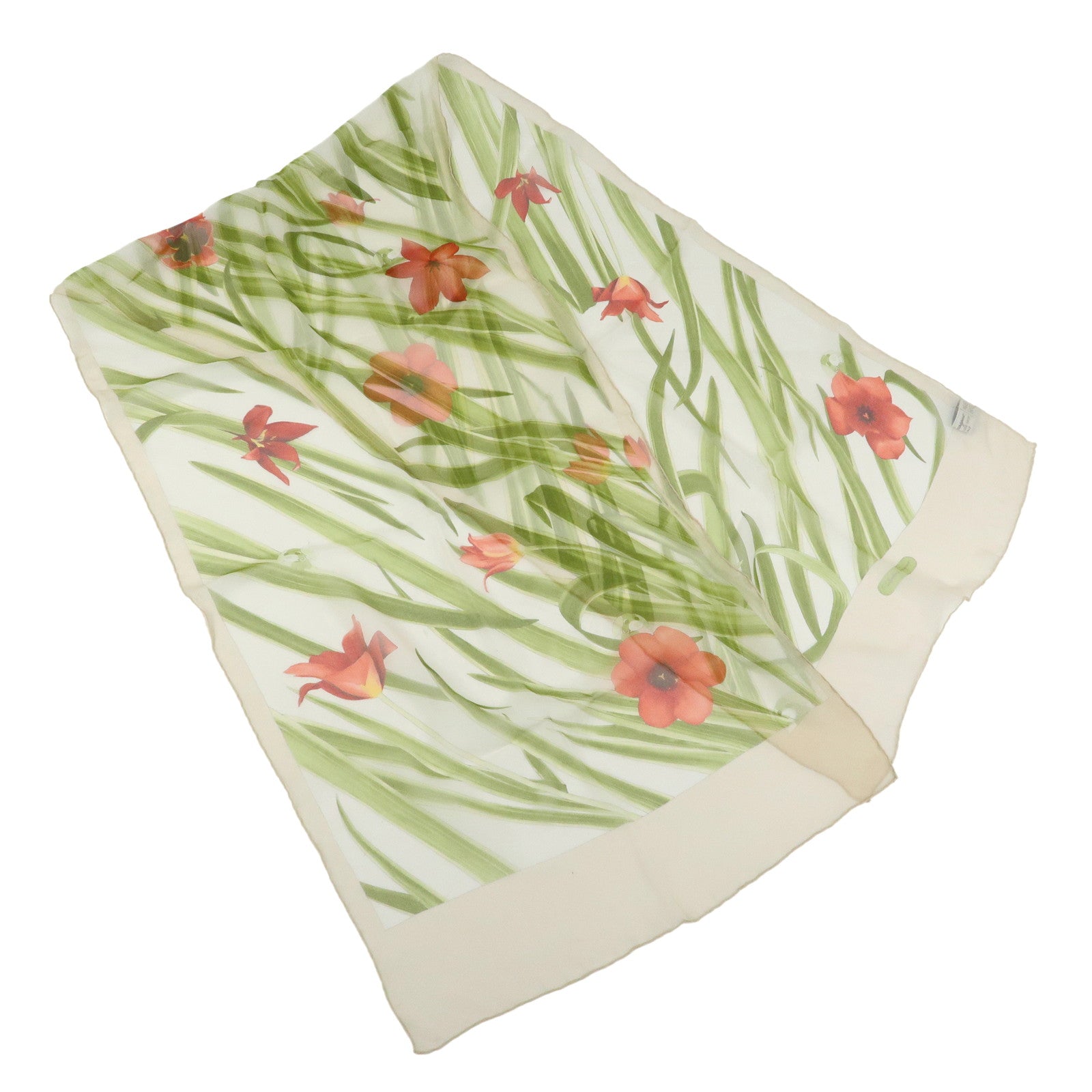Ferragamo Silk 100% Scarf Flower Motif Ocha-Ken Beige Green Red