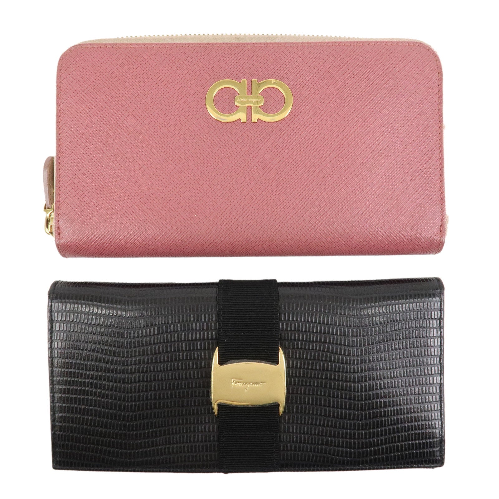 Ferragamo Set of 2 wallet Gancini Vara Emboss Leather Black Pink