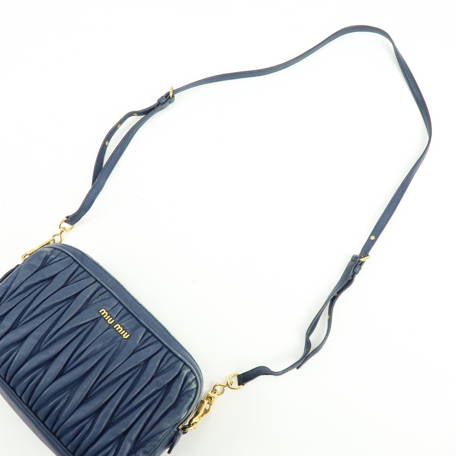 MIU MIU Matelasse Leather Gathered Shoulder Bag Crossbody Bag Navy