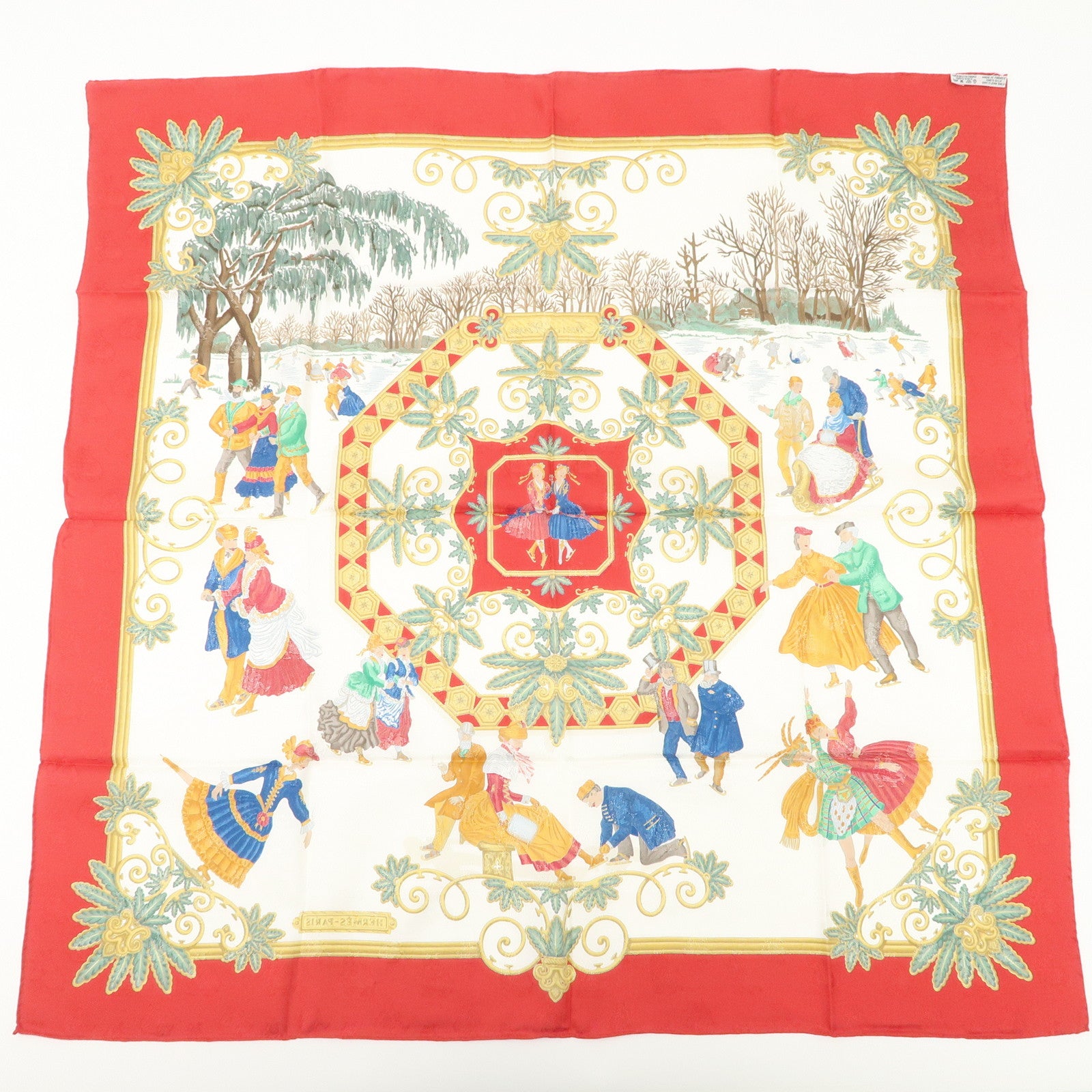 HERMES Carre 90 Silk 100% Scarf Joies d’Hiver Red Gold Used