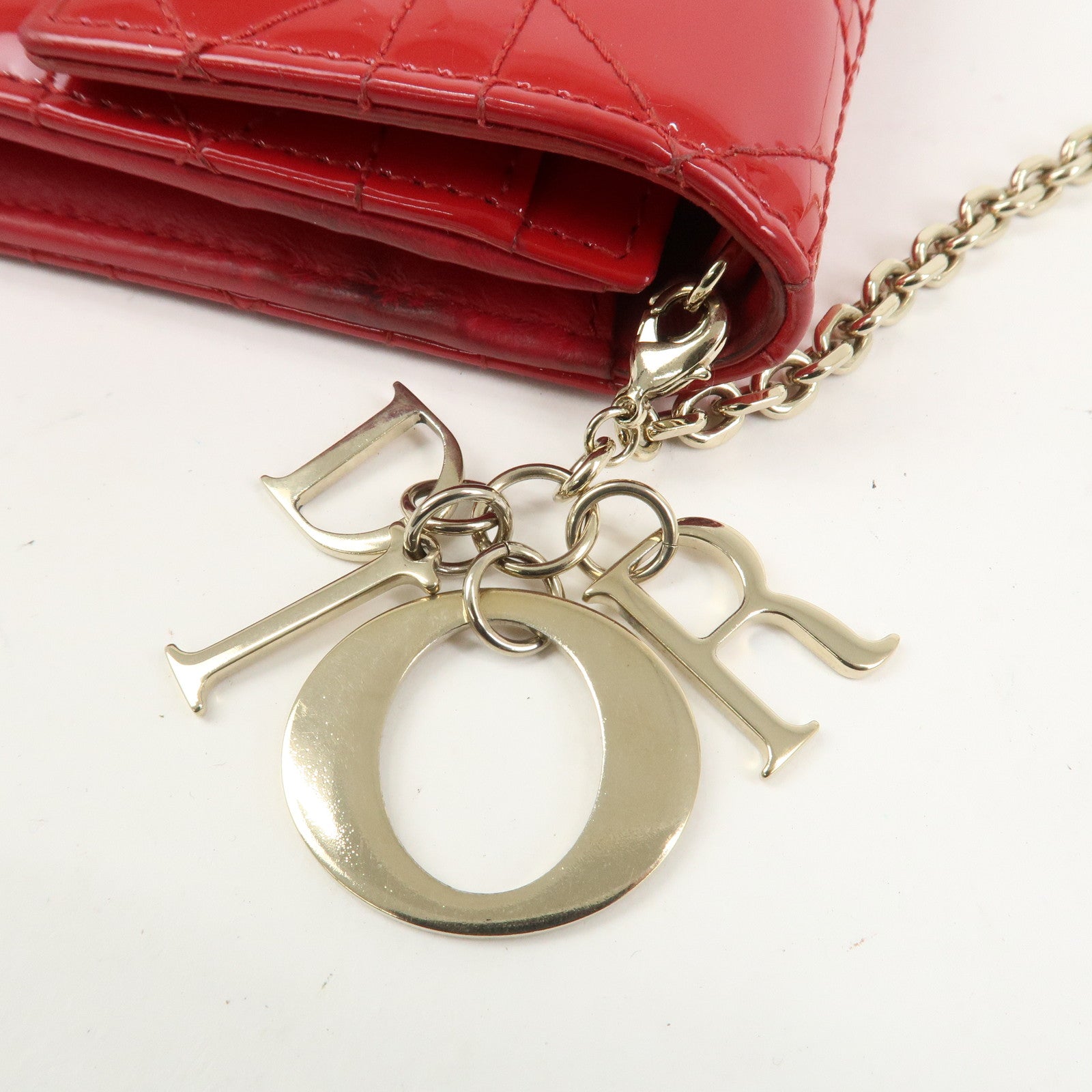Christian Dior Cannage Patent Leather Chain Long Wallet WOC Red