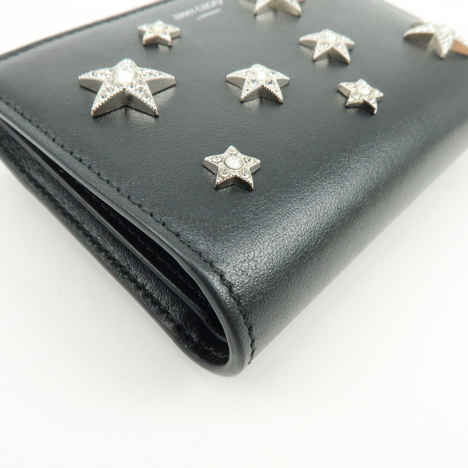 JIMMY CHOO Leather Compact  Zippy Wallet Star Studs Black