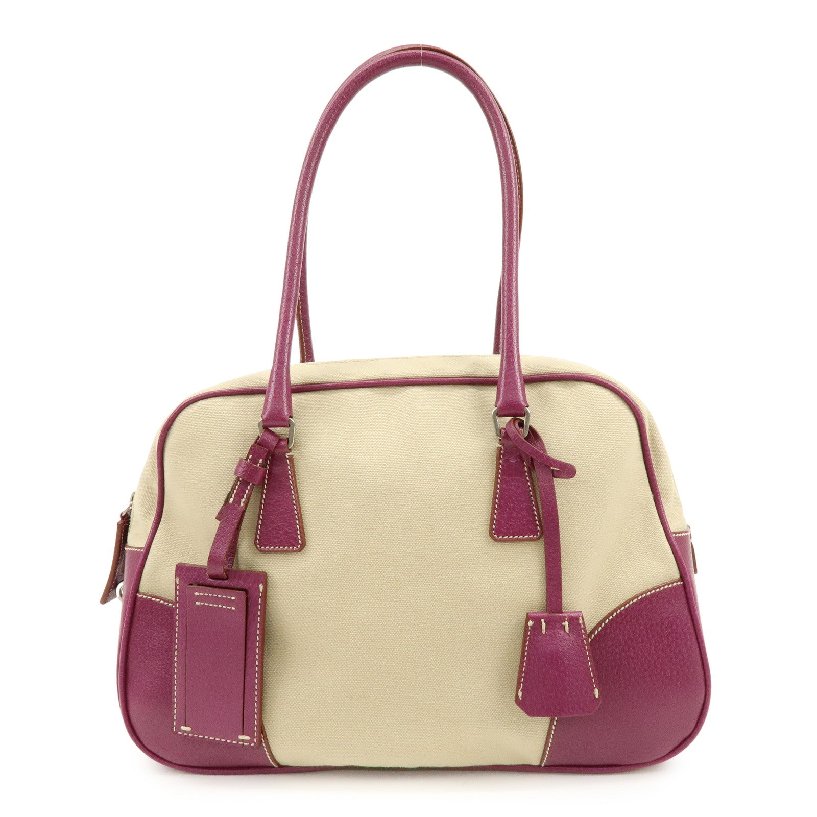 PRADA Triangle Logo Canvas Leather Bowling Bag Natural Purple