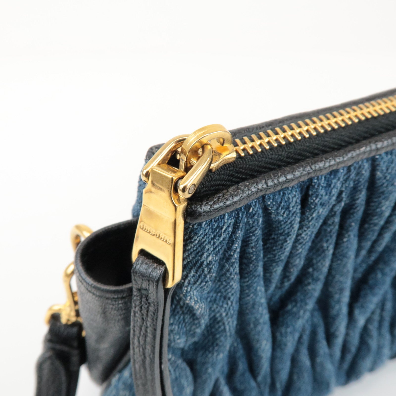 MIU MIU Matelasse Denim Leather Clutch Bag Wrist Bag Blue 5NE001