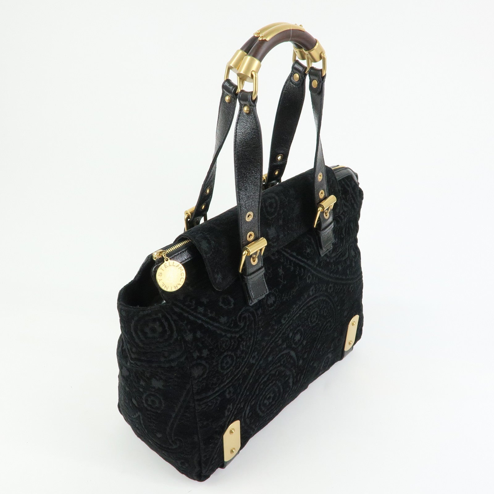 STELLA MCCARTNEY Canvas Leather Tote Hand Bag Paisley Pattern Black