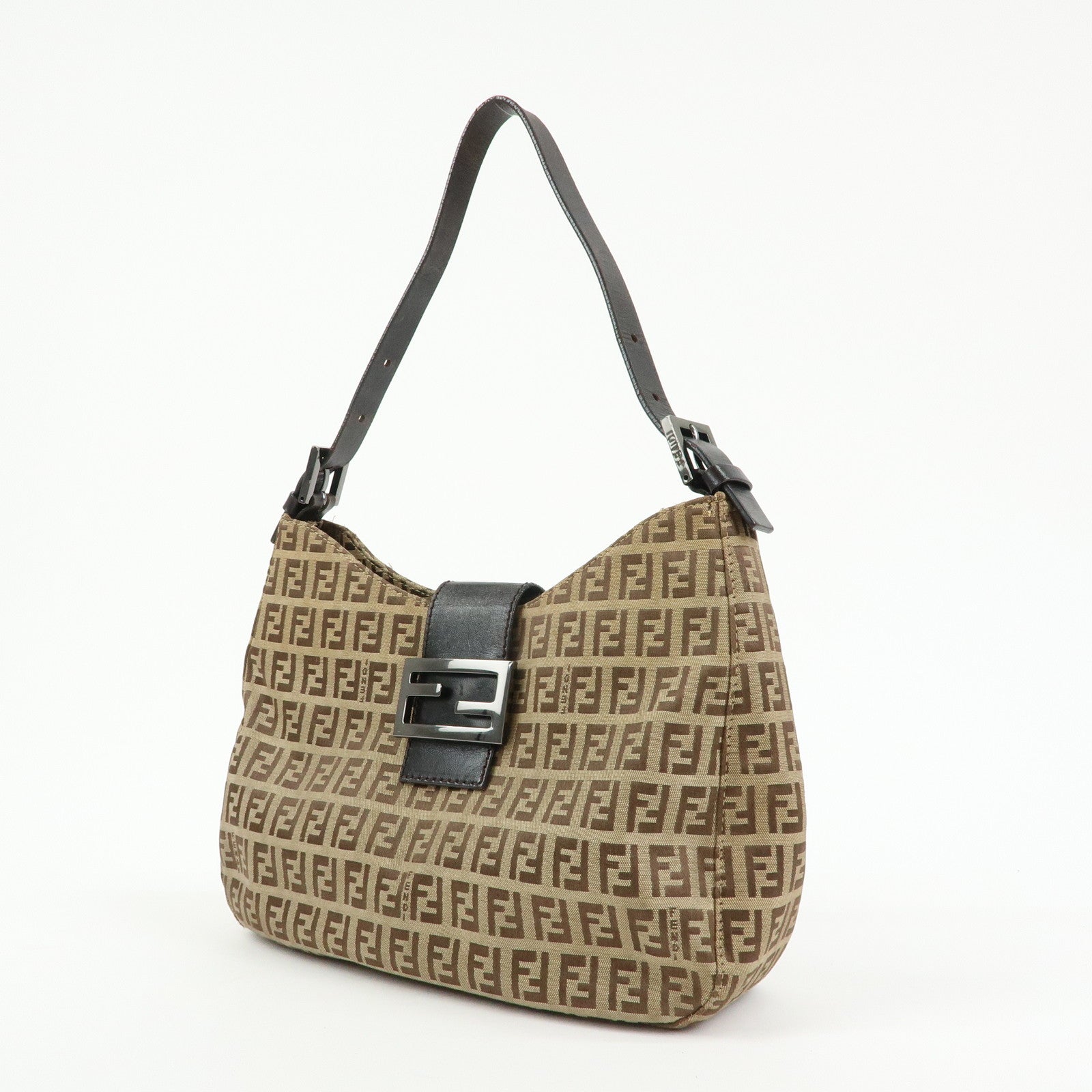 FENDI Zucchino Canvas Leather Shoulder Bag Brown 8BR036