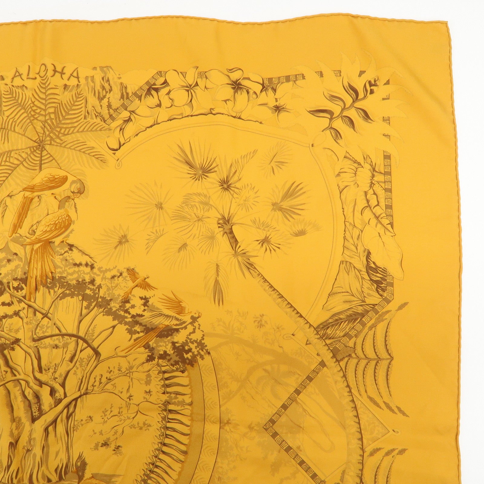 HERMES Carre 90 Silk 100% Aloha Hawaiian Print Scarf Orange