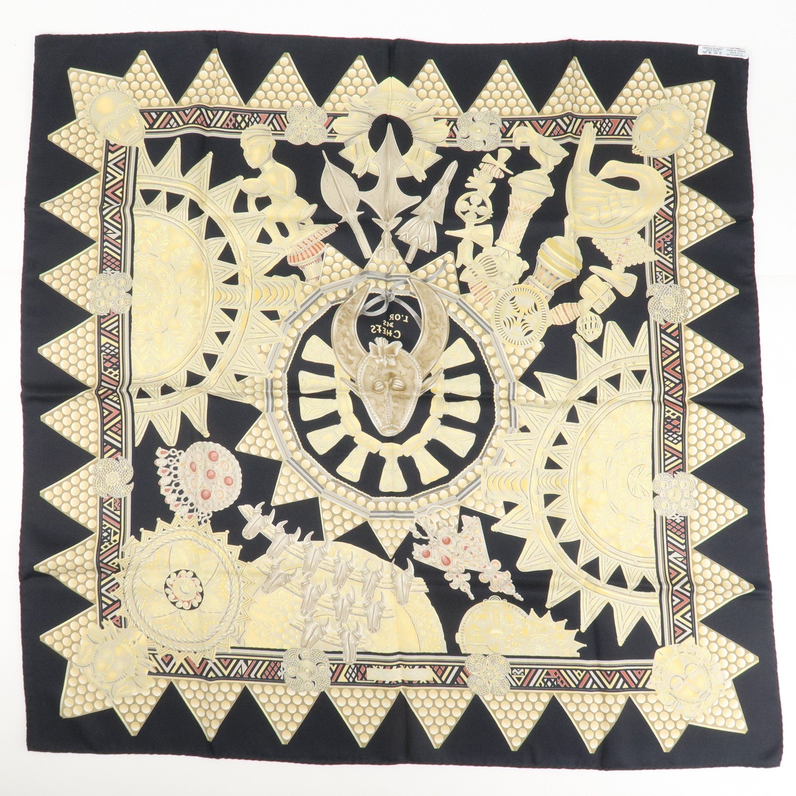 HERMES Carre 90 Silk 100% Scarf L'OR DES CHEFS Gold Black Used