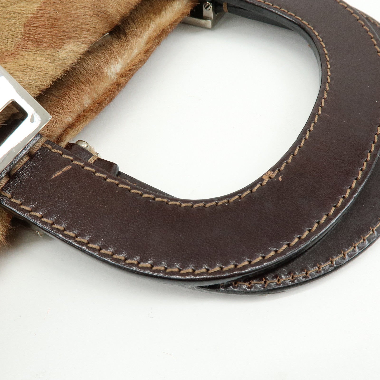 FENDI Calf Hair Leather Animal Pattern Tote Bag Hand Bag Brown