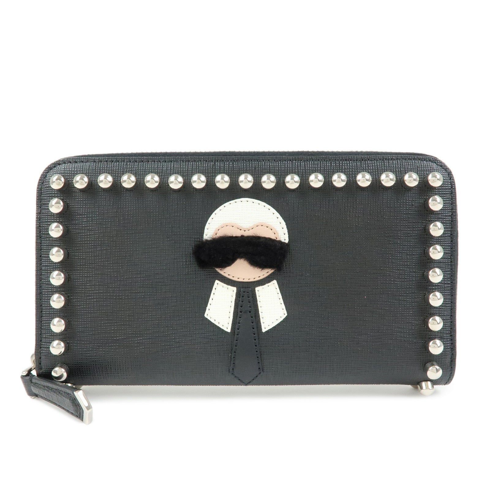 FENDI Leather Studs Zippy Long Wallet Black 8M0299