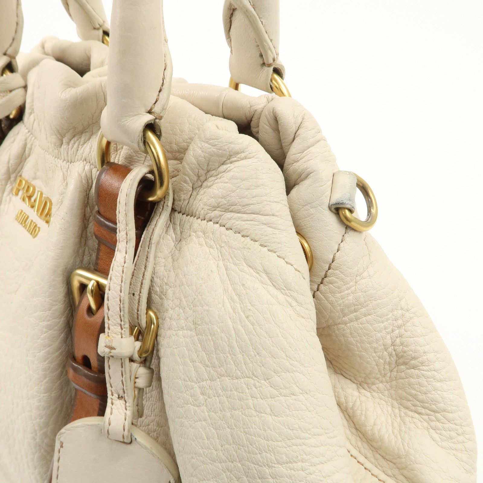 PRADA Leather 2Way Bag Tote Bag Brown White BN1773 Used