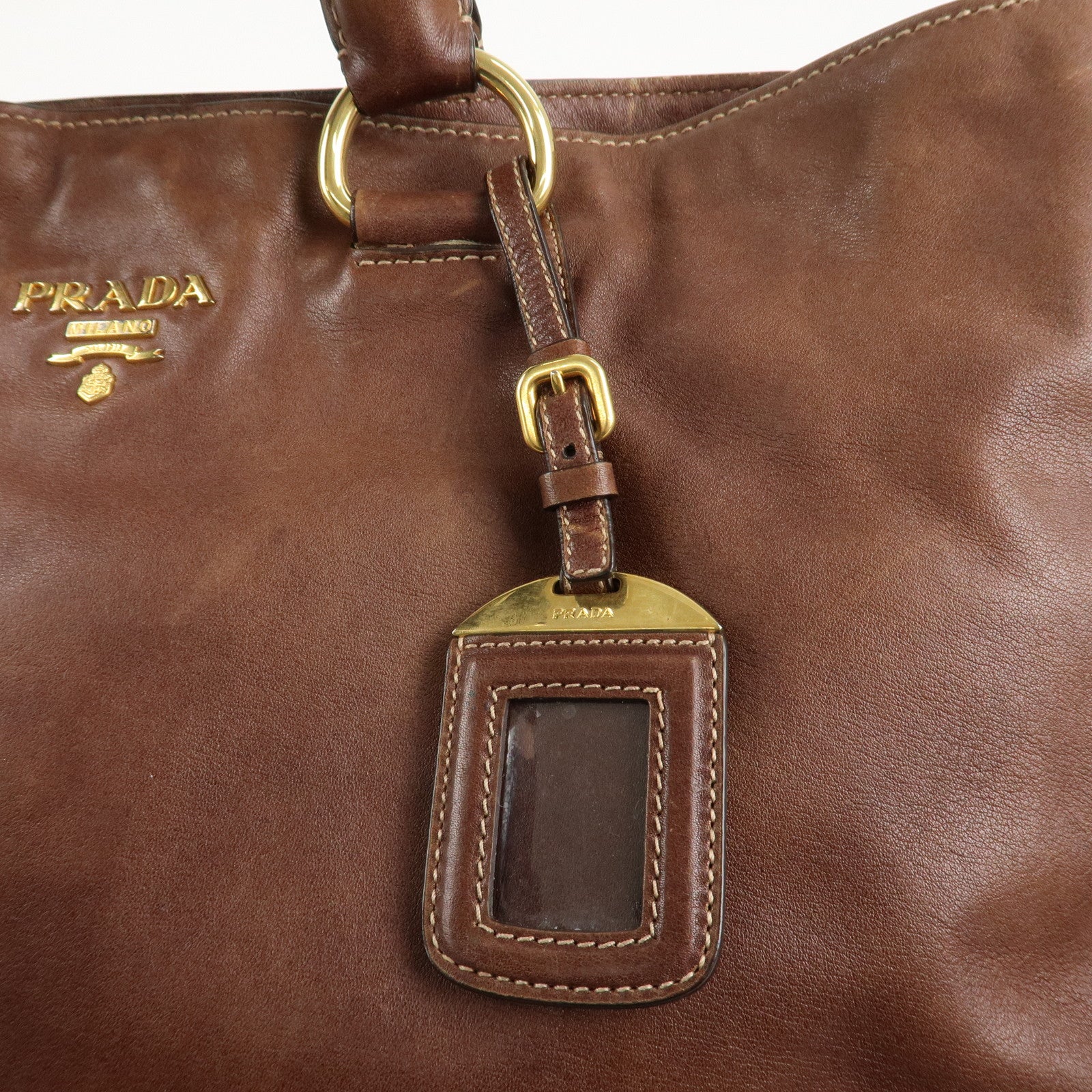 PRADA Logo Leather 2way Shoulder Bag Tote Bag Gold HDW Brown Used