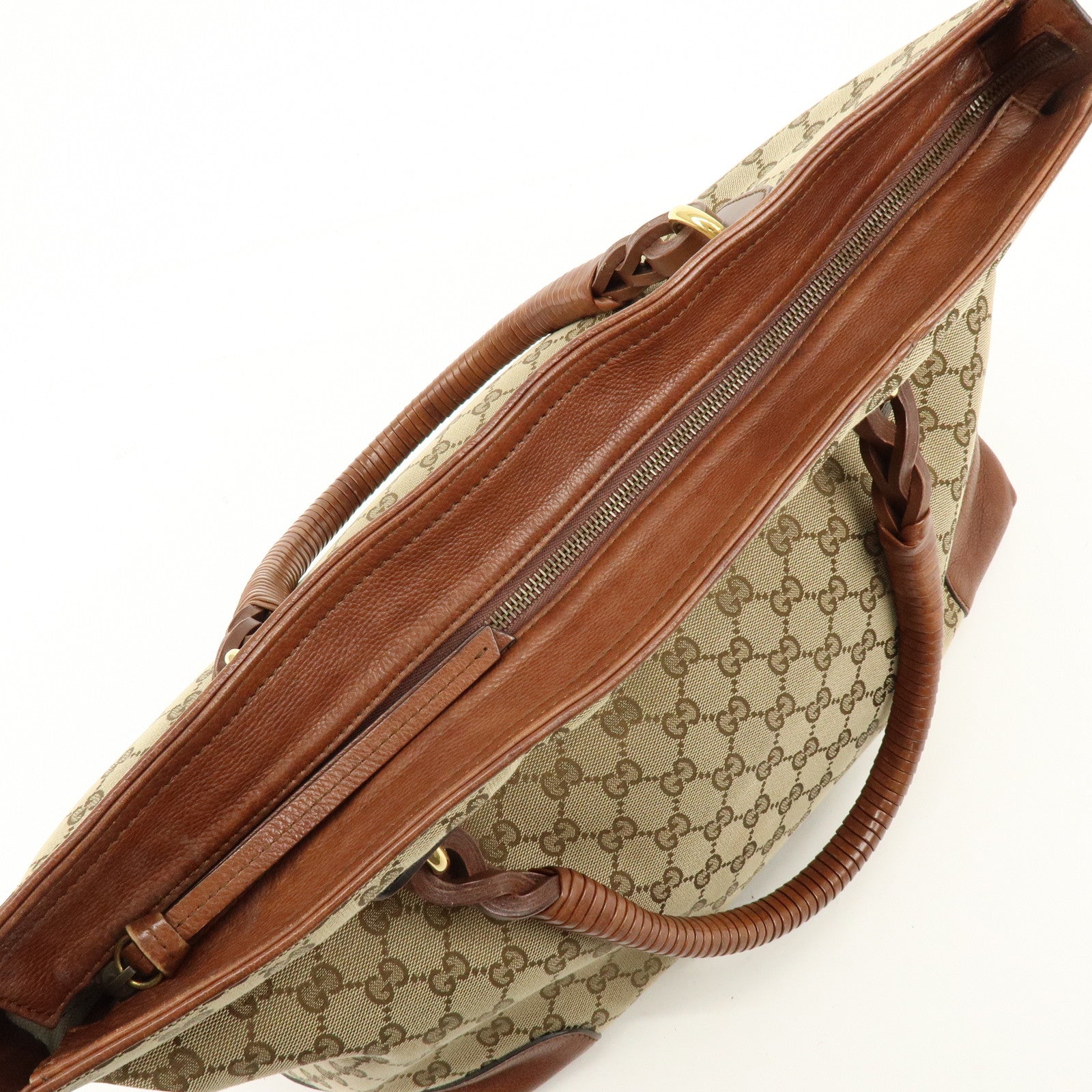 GUCCI GG Canvas Leather Shoulder Bag Tote Bag Beige Brown 323665