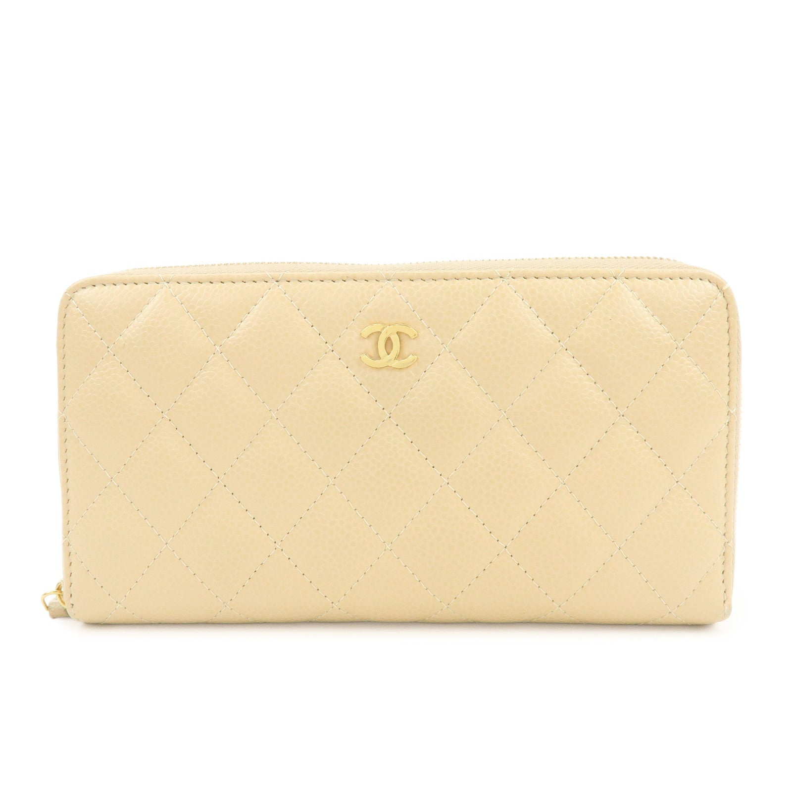 CHANEL Matelasse COCO Mark Caviarskin Zipppy Long Wallet Beige