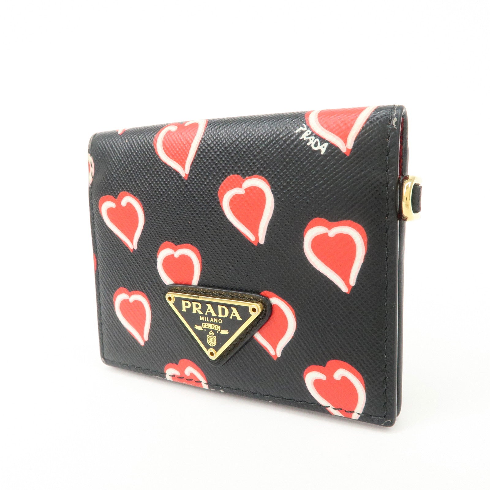 PRADA Saffiano Leather Heart Card Case Pass Case Black Red 1MC006