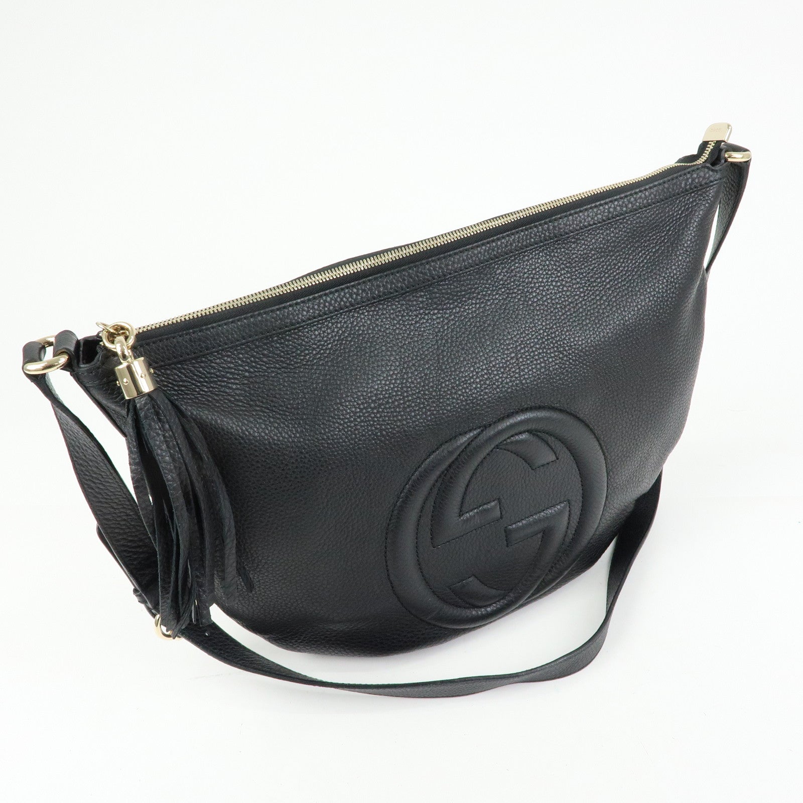 GUCCI Interlocking G Leather Shoulder Bag Fringe Black 295175