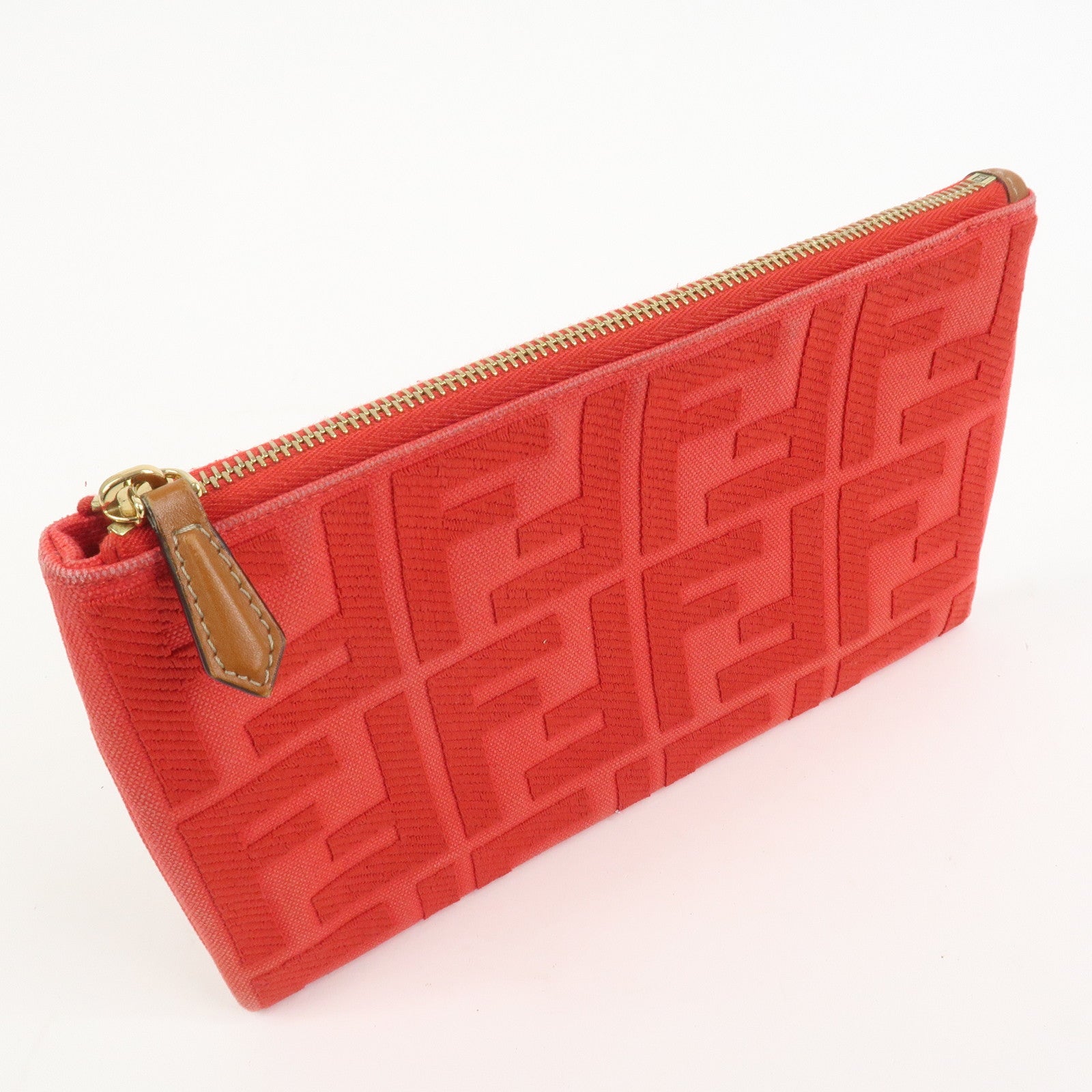 FENDI Zucca Canvas Leather Clutch Bag Cosmetic Bag Red 8N0148