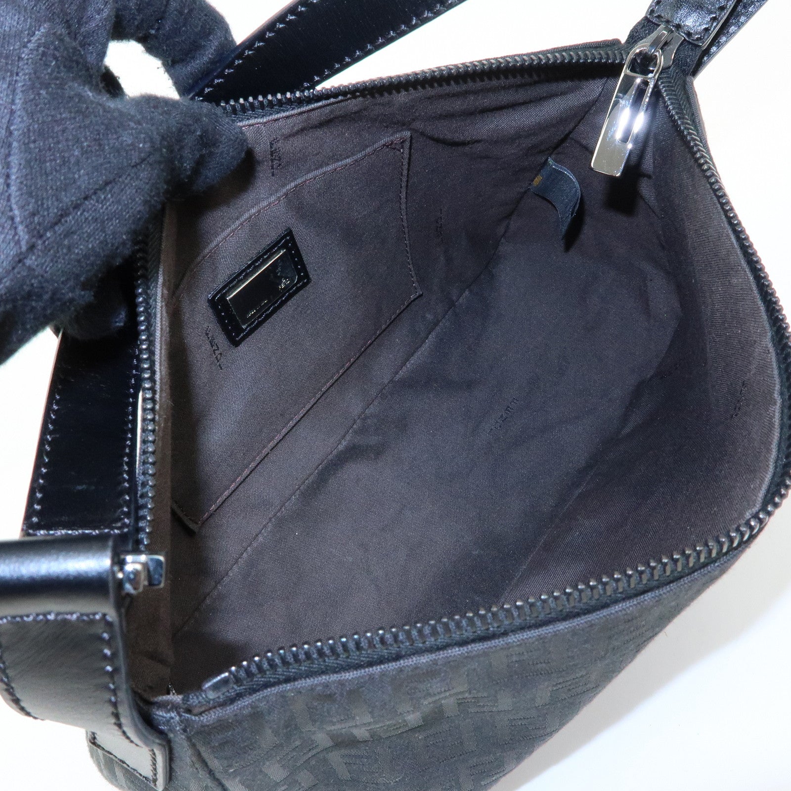 FENDI Zucchino Canvas Leather Shoulder Bag Hand Bag Black 8BR444