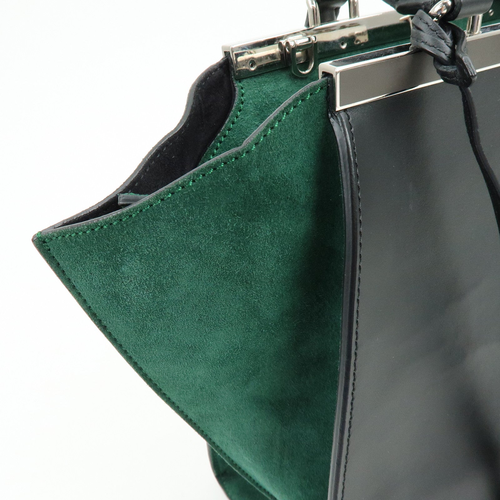 FENDI Trois Jours Leather Suede 2Way Hand Bag Black Green 8BH279